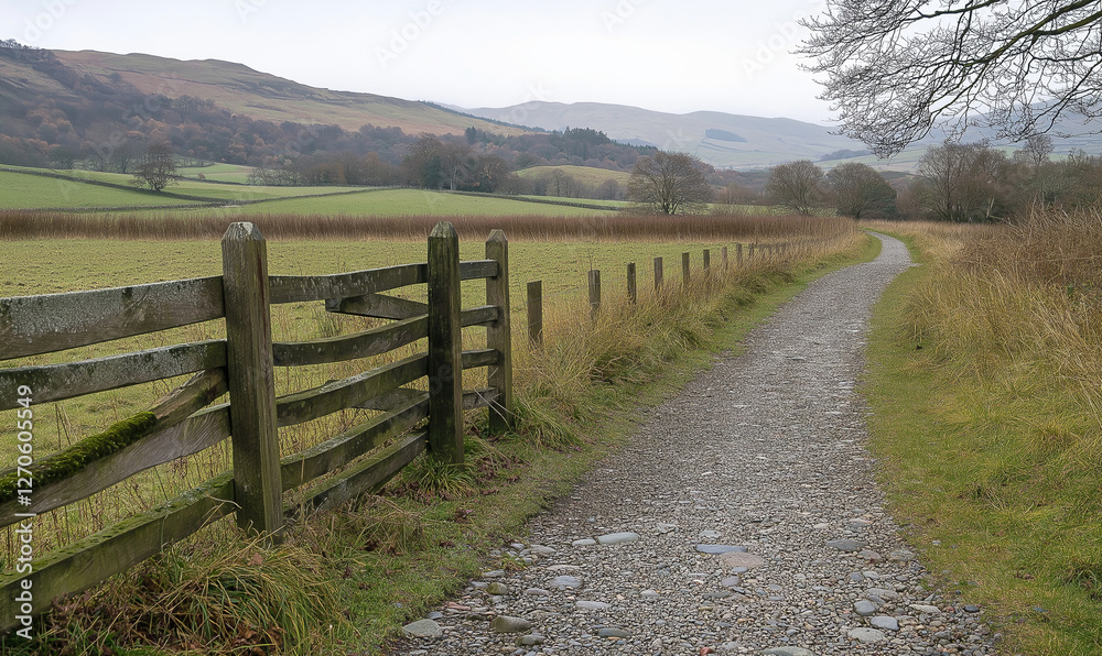 Fototapeta premium Weathered wooden fence in tranquil meadow with distant hills and natural serenity