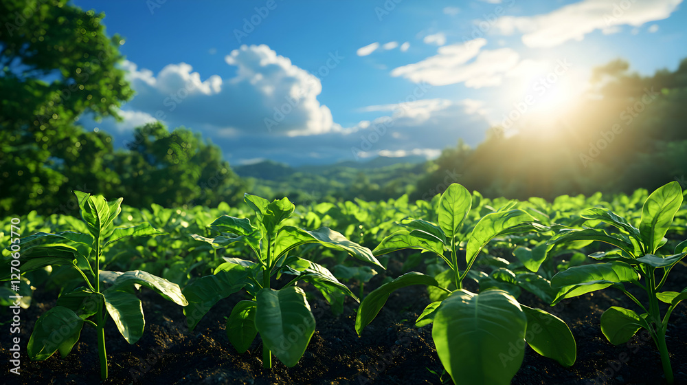 Obraz premium Green Tobacco Field Under a Bright Blue Sky with Sunlight in Rural Landscape