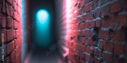 Darkened alleyway with brick wall illuminated by soft pink and blue light photo