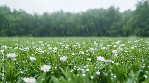 Wallpaper Mural Rainy day meadow with white flowers Torontodigital.ca