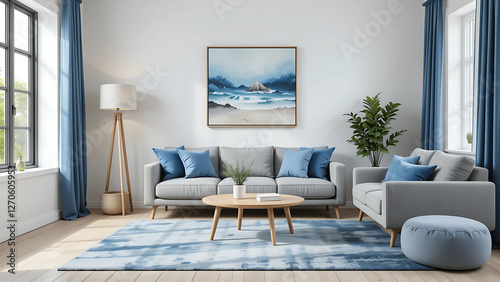 Serene coastal living room with blue accents, interior design visualization
