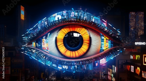 Captivating neon eye with futuristic aesthetics showcasing a vibrant and innovative digital art composition  This surreal experimental image evokes a sense of technological wonder and imagination
