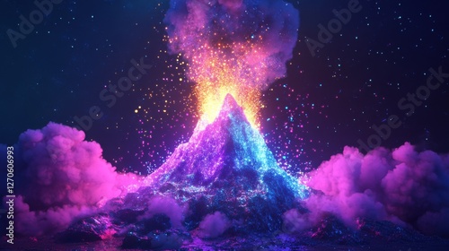 Vibrant Eruption of a Magical Volcano with Colorful Emanations photo