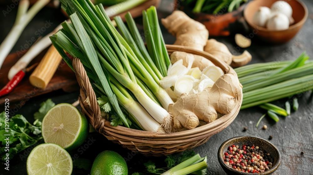 Fresh Spring Onions, Ginger, and Limes Ready for Cooking Fresh Spring Onions, Ginger, and Limes Ready for Cooking