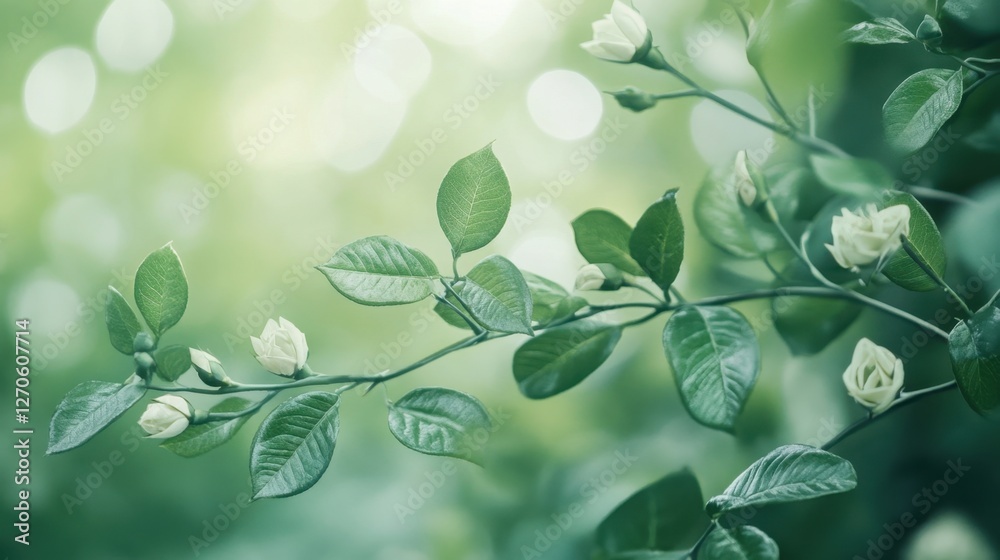 Obraz premium Green Leaves and Budding Flowers Branch