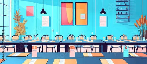 A professional event planner organizing a corporate conference, tables set with name tags.