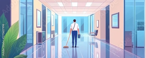 Janitor With Broom Cleaning Office Corridor, 
