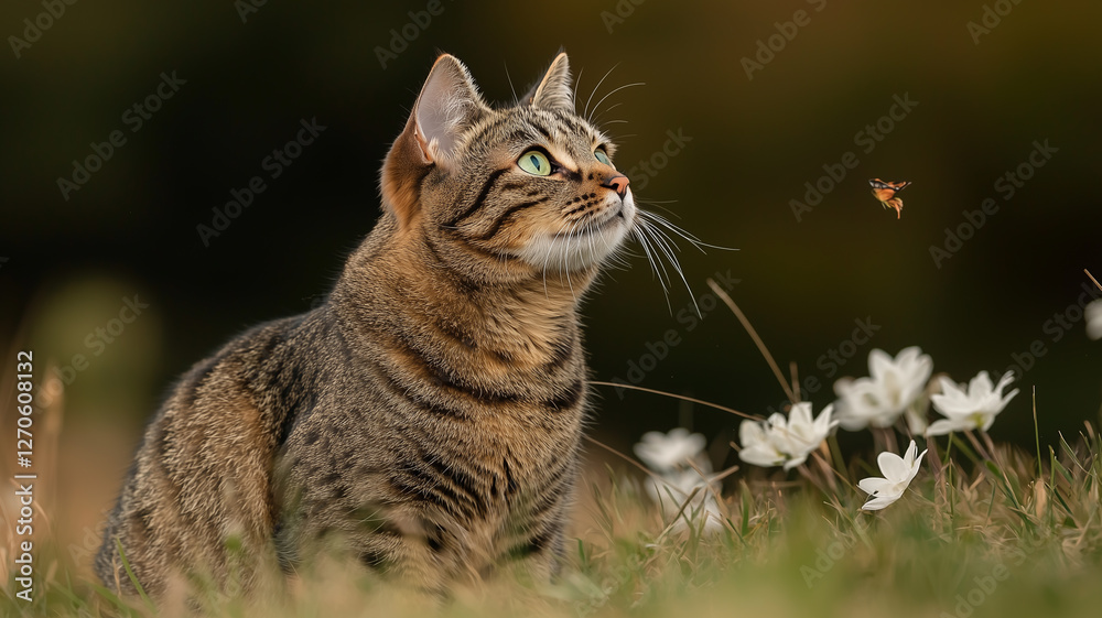 Tabby cat in grassy field with white flowers
Tabby cat in grassy field with white flowers