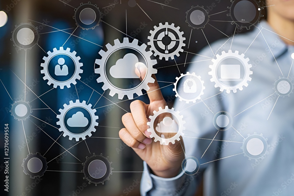 Futuristic Digital Interface with Gears, Network Icons, and Human Interaction Futuristic Digital Interface with Gears, Network Icons, and Human Interaction