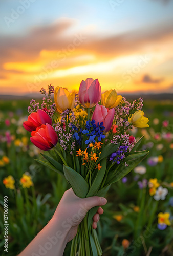 Colorful bouquet of tulips and wildflowers held in a hand, set against a vibrant sunset. Ideal for celebrating International Women's Day, spring, and Mother's Day photo