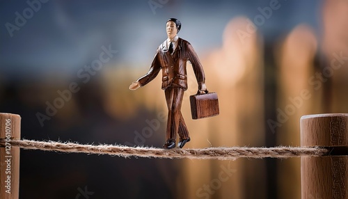 Wooden Businessman Figurine Balancing on a Tightrope with Briefcase