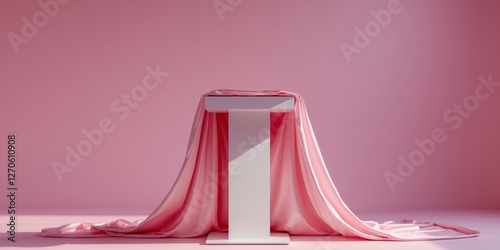 presentation pedestal podium covered with pink silk cloth on pink background.