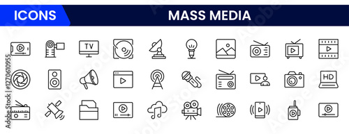 Mass media and journalism. TV show, program, news, report, video and interview. Outline icon collection.