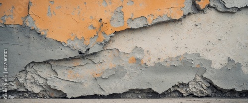Weathered cement surface with chipped edges and faded color on bright background.