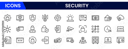 Security web icons in line style. Guard, cyber security, password, smart home, safety, data protection, key, shield, lock, unlock, eye access. Vector illustration.
