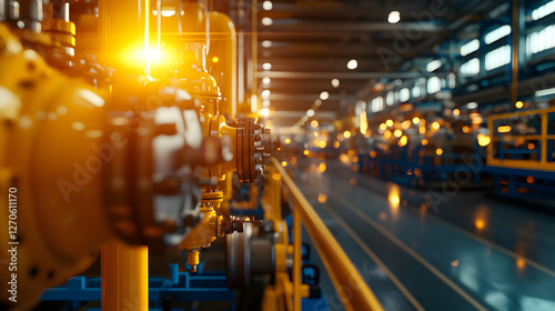 Industrial Manufacturing Plant with Yellow Valves and Blue Support Structures