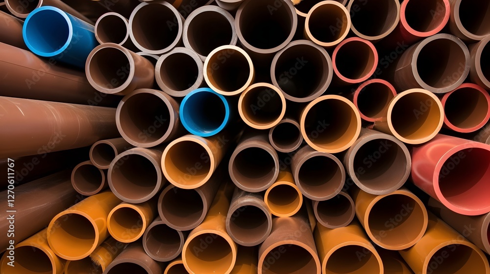 Neat and organized layout of various PVC pipes and tubing on a metallic background showcasing the essential components of industrial infrastructure and construction projects Neat and organized layout of various PVC pipes and tubing on a metallic background showcasing the essential components of industrial infrastructure and construction projects