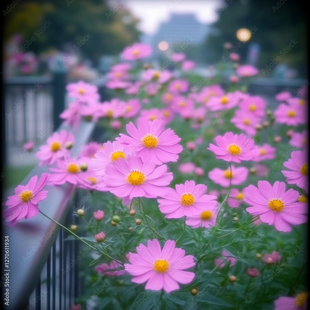Fototapeta premium Enchanting Cosmos Flowers in a Tranquil Garden Landscape with a Building in Background Blurred
