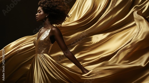 Elegant model in flowing gold gown showcasing movement and beauty during an artistic photoshoot