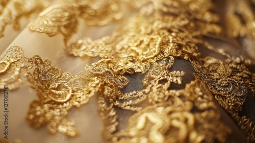Intricate golden lace detail showcases elegance in textile design and craftsmanship