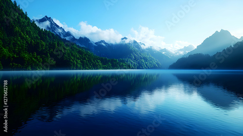 Wallpaper Mural Scenic Mountain Lake Reflection Under Blue Sky with Green Forest Landscape Torontodigital.ca