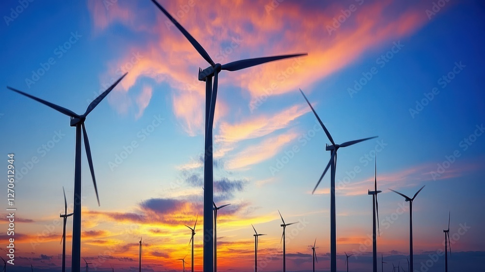 Fototapeta premium Wind Turbines Against Vibrant Sunset Sky in Renewable Energy Landscape