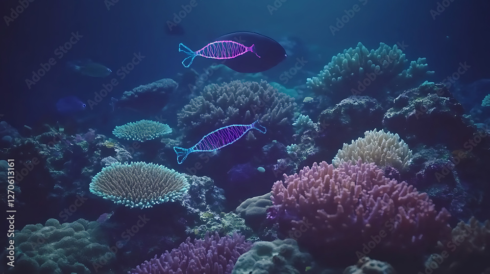Obraz premium Enchanting Underwater Coral Reef Sanctuary with Luminous Geometric Fish Art Installation Display