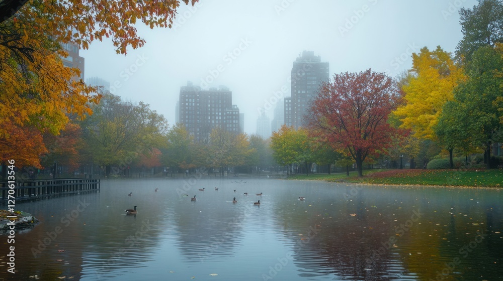 Foggy autumn in the city park, ducks floating in the pond as the mist hangs over the water, background wallpaper AI generated image Foggy autumn in the city park, ducks floating in the pond as the mist hangs over the water, background wallpaper AI generated image