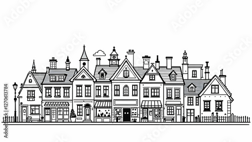 Drawn small town on white background