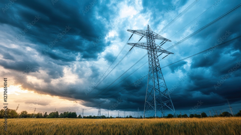 Obraz premium Power Lines Against Dramatic Sky Over Golden Wheat Field