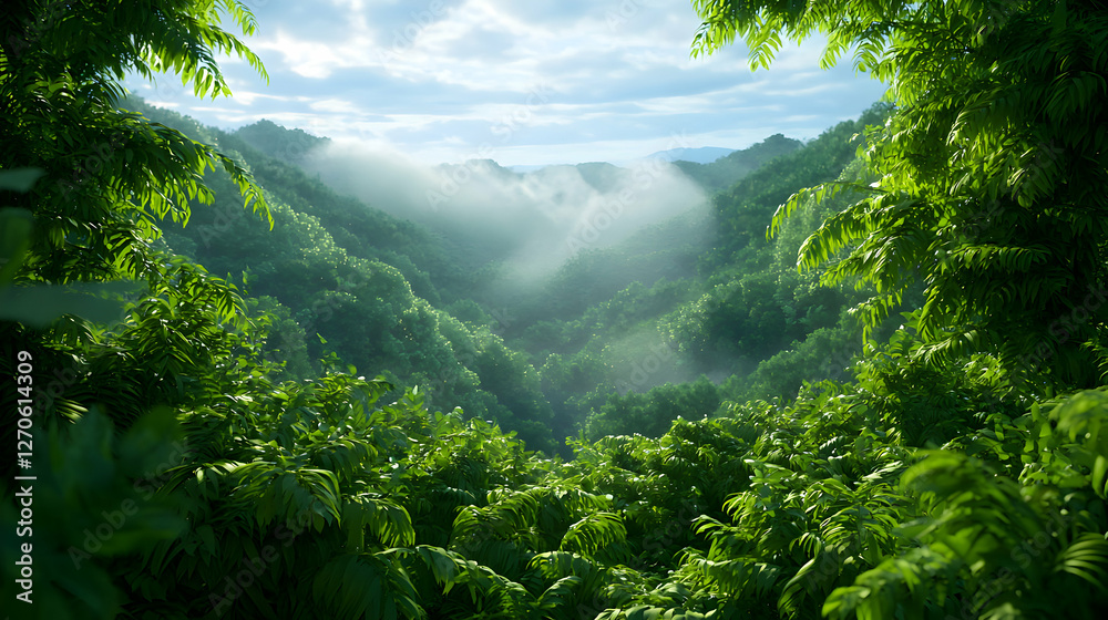 Lush Green Jungle Valley with Foggy Mist and Sunlight on Foliage in Tranquil Morning Landscape