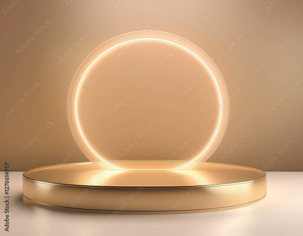 3d render gold platform with neon shining and transparent glass rings. Geometric shapes composition with empty space for product design show. Minimal banner mockup. 3d render gold platform with neon shining and transparent glass rings. Geometric shapes composition with empty space for product design show. Minimal banner mockup.