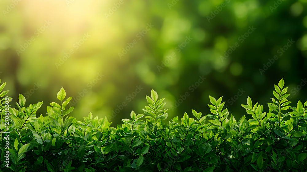 Lush Green Leaves Against Soft Sunlight Bokeh Background in Nature Lush Green Leaves Against Soft Sunlight Bokeh Background in Nature