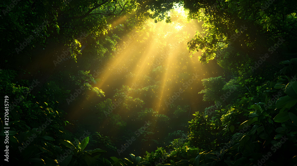 Lush Forest Canopy Bathed in Golden Sunlight with Green Foliage and Sunbeams Filtering Through Leaves Lush Forest Canopy Bathed in Golden Sunlight with Green Foliage and Sunbeams Filtering Through Leaves