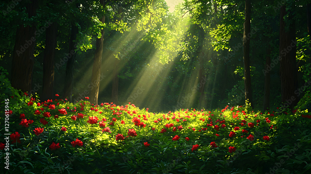 Fototapeta premium Lush Forest Scene with Sunlight Streaming Through Trees and Red Flowers Blooming in a Green Meadow