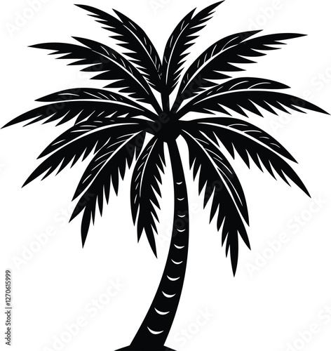 Palm tree silhouette vector illustration, tropical beach landscape, coconut palm icon, summer holiday design, exotic island sunset scene, black palm tree isolated