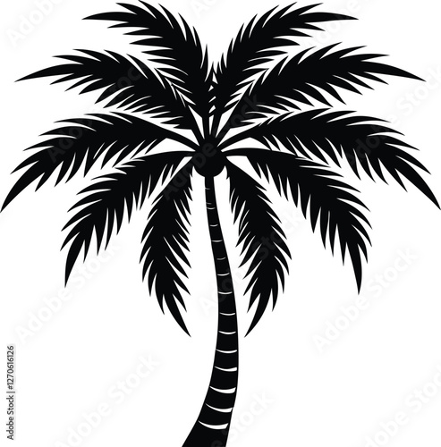 Palm tree silhouette vector illustration, tropical beach landscape, coconut palm icon, summer holiday design, exotic island sunset scene, black palm tree isolated