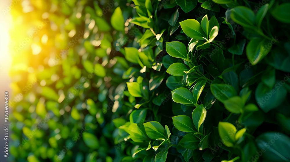 Fototapeta premium Lush Green Leaves Lit by Sunlight Creating a Vibrant Natural Texture Background