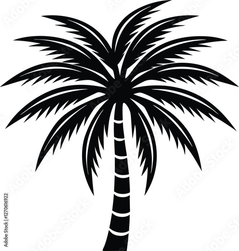 Palm tree silhouette vector illustration, tropical beach landscape, coconut palm icon, summer holiday design, exotic island sunset scene, black palm tree isolated