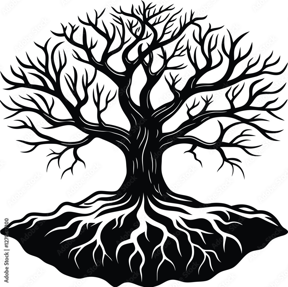 Tree with roots silhouette vector illustration, nature graphic, eco-friendly design, rooted tree symbol, outdoor landscape, environmental art, tree roots, growth, nature icon Tree with roots silhouette vector illustration, nature graphic, eco-friendly design, rooted tree symbol, outdoor landscape, environmental art, tree roots, growth, nature icon