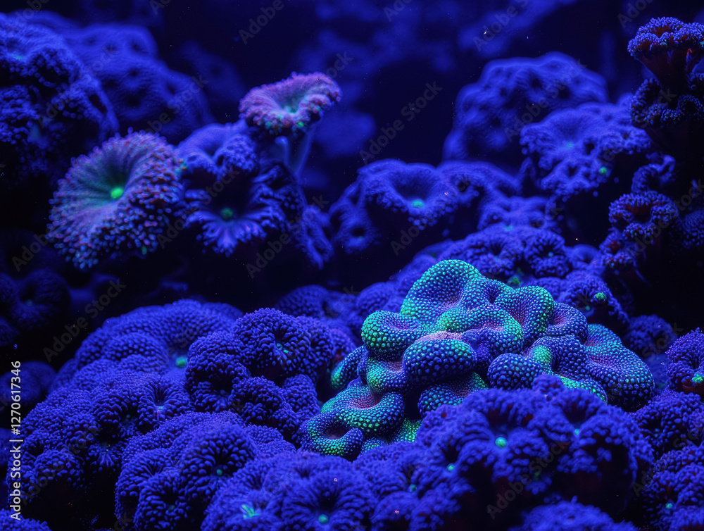 Obraz premium Vibrant underwater coral landscape with bioluminescent glow in deep blue ocean
