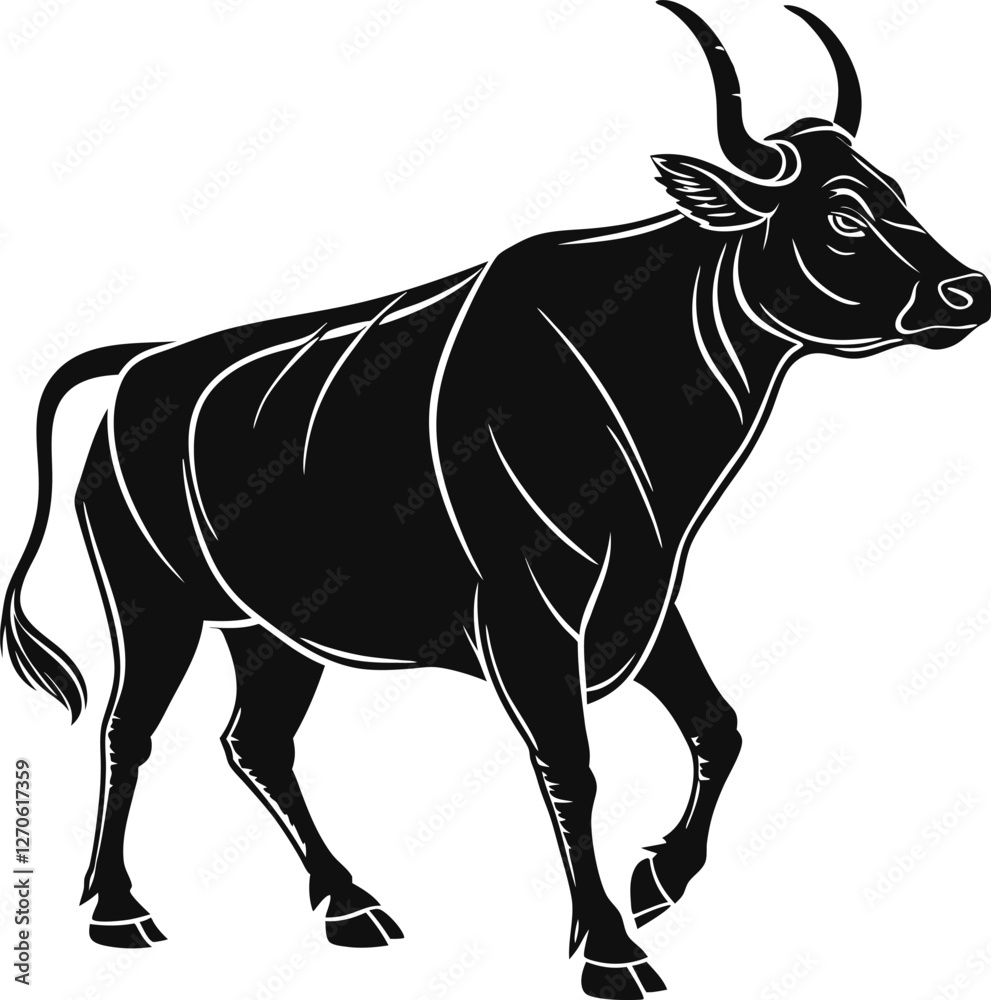 Fototapeta premium Cow silhouette vector illustration, Qurbani cow symbol, farm animal, livestock, Eid sacrifice, agriculture, rural farm, meat, nature icon, traditional animal design.