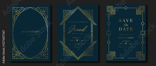 Luxury invitation card background vector. Elegant classic antique design, gold lines gradient on navy blue background. Premium design illustration for gala card, grand opening, art deco.