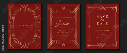 Luxury invitation card background vector. Elegant classic antique design, gold lines gradient on red background. Premium design illustration for gala card, grand opening, art deco.