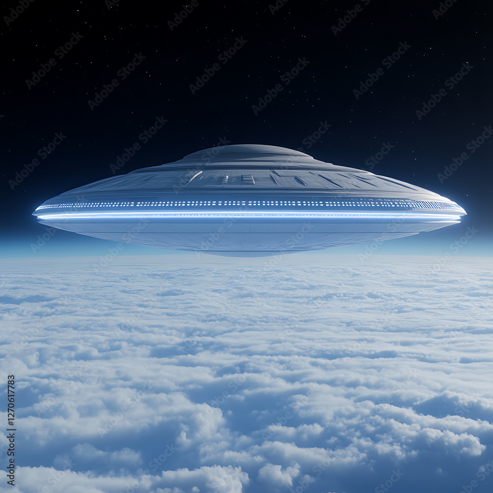 Obraz premium Enigmatic Flying Saucer Aloft over Cloudscape Underneath Starry Expanse of Celestial Night Sky