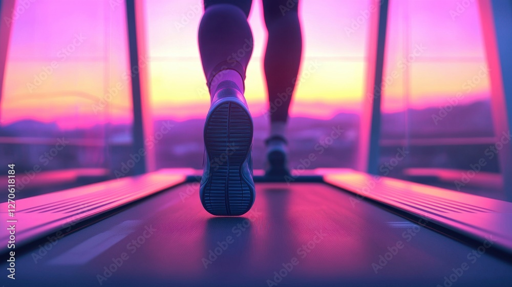 Fototapeta premium Runner on Treadmill During Sunset with Vibrant Colors and Lights