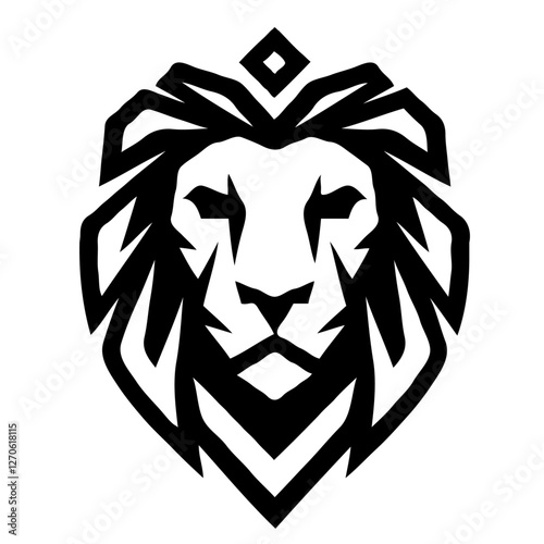 Stylized Lion Head with Crown - Bold Black and White Vector