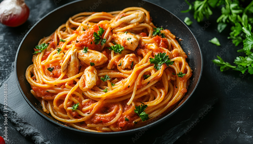 Spaghetti pasta in tomato sauce with chicken, parsley in pan. Chicken spaghetti pasta over black stone background with copy space, italian food Spaghetti pasta in tomato sauce with chicken, parsley in pan. Chicken spaghetti pasta over black stone background with copy space, italian food