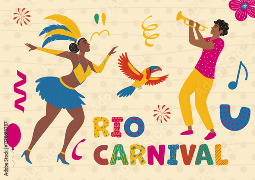 Vibrant Rio carnival poster with samba dancers, tropical parrot, mask, naive doodle shapes. Modern vector illustration in hand drawn style
