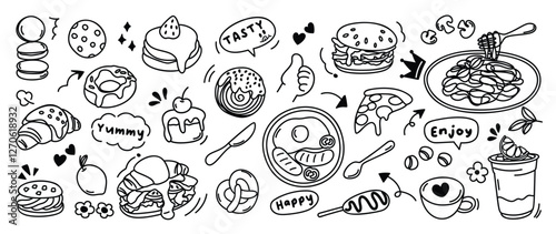 Set of cute food doodle elements vector. Hand drawn doodle collection of pizza, donut, sausage, sandwich, bread, pasta, pancake, arrow. Design for print, cartoon, wallpaper, restaurant, cafe, sticker.